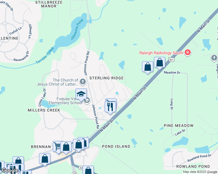 map of restaurants, bars, coffee shops, grocery stores, and more near 1543 Cairo Way in Fuquay-Varina
