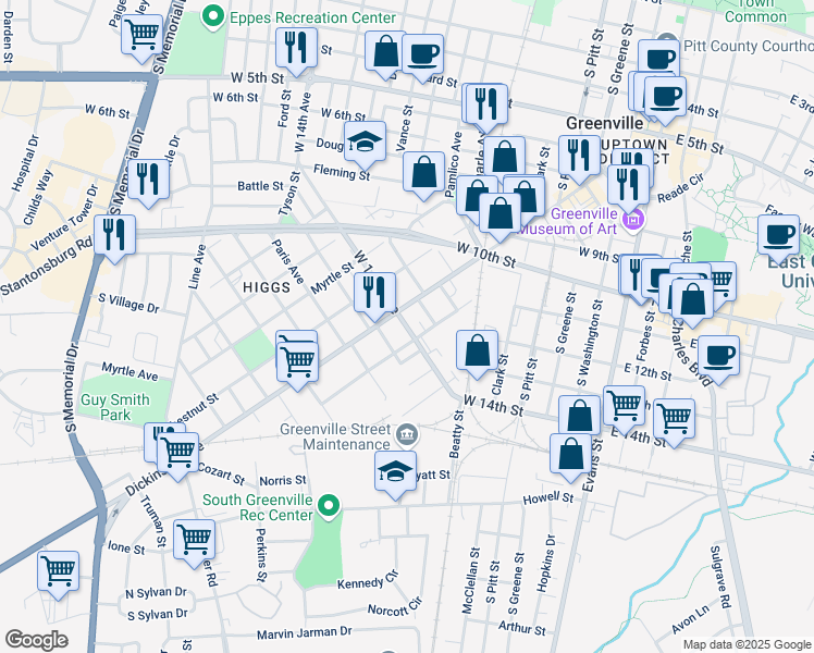 map of restaurants, bars, coffee shops, grocery stores, and more near 1101-1199 State Road 1703 in Greenville
