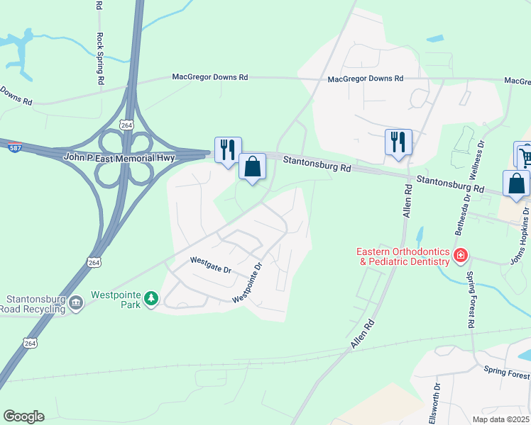 map of restaurants, bars, coffee shops, grocery stores, and more near 1210 B Westpointe Drive in Greenville