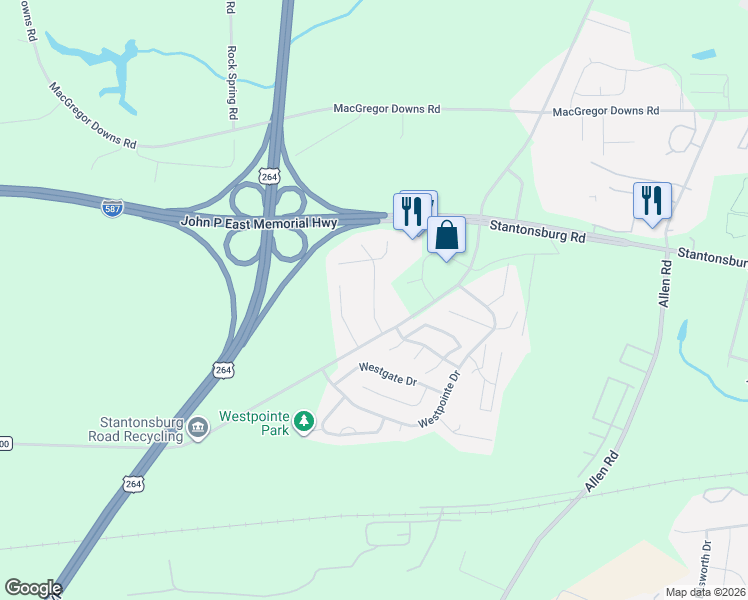 map of restaurants, bars, coffee shops, grocery stores, and more near 1291 Park West Drive in Greenville