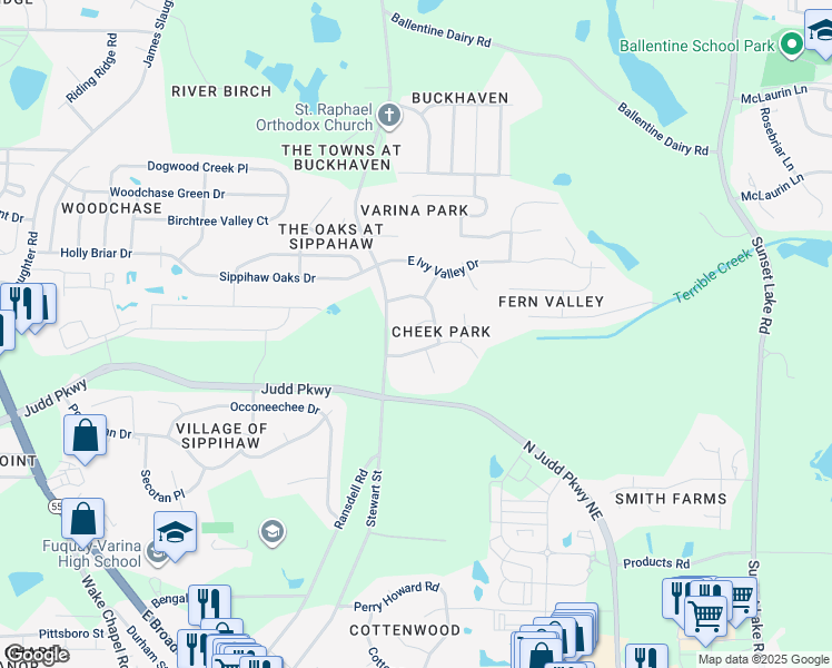 map of restaurants, bars, coffee shops, grocery stores, and more near 726 East Azalea Court in Fuquay Varina