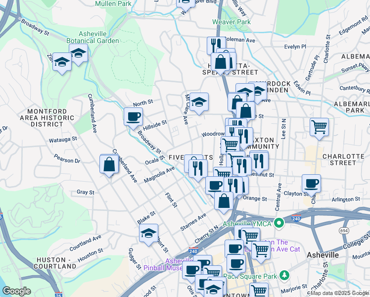 map of restaurants, bars, coffee shops, grocery stores, and more near 32 Woodrow Avenue in Asheville