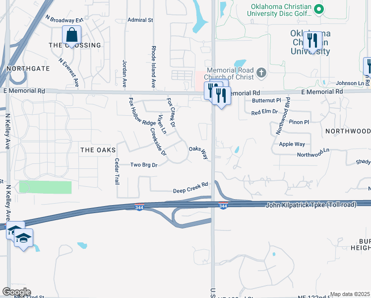 map of restaurants, bars, coffee shops, grocery stores, and more near 13304 Fox Creek Drive in Oklahoma City