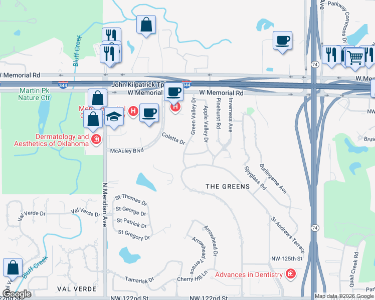 map of restaurants, bars, coffee shops, grocery stores, and more near 13201 Green Valley Drive in Oklahoma City