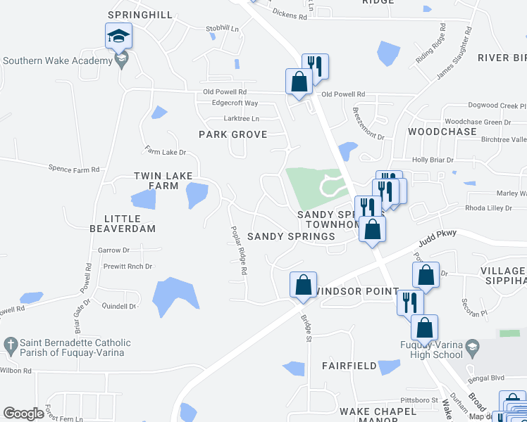 map of restaurants, bars, coffee shops, grocery stores, and more near 524 Wyndham Drive in Fuquay Varina