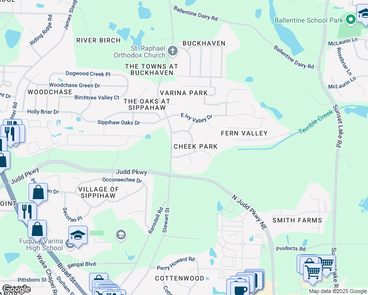 map of restaurants, bars, coffee shops, grocery stores, and more near 726 East Azalea Court in Fuquay Varina