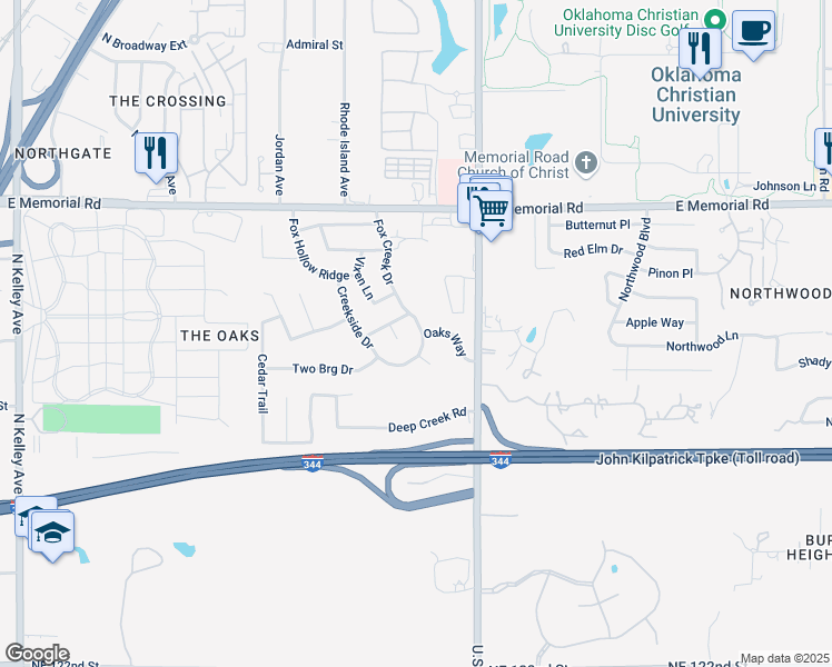 map of restaurants, bars, coffee shops, grocery stores, and more near 13304 Fox Creek Drive in Oklahoma City