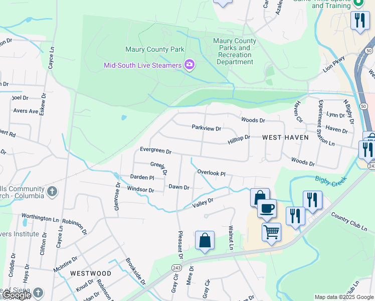 map of restaurants, bars, coffee shops, grocery stores, and more near 407 Hilltop Drive in Columbia