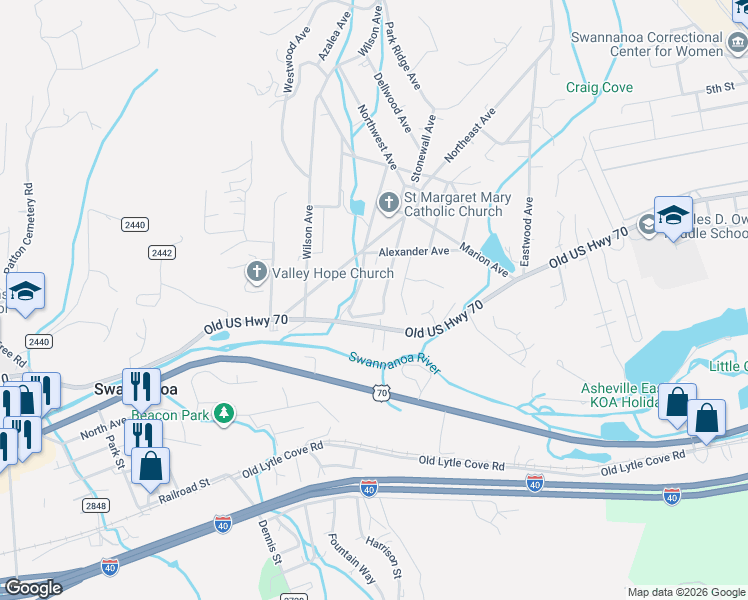 map of restaurants, bars, coffee shops, grocery stores, and more near 109 Stonewall Avenue in Swannanoa