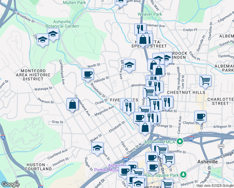 map of restaurants, bars, coffee shops, grocery stores, and more near 32 Woodrow Avenue in Asheville