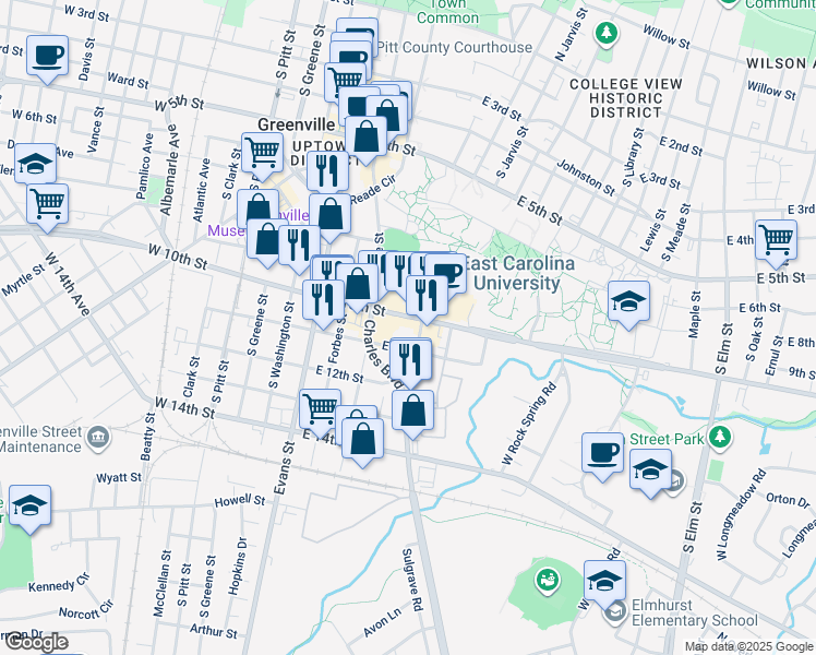 map of restaurants, bars, coffee shops, grocery stores, and more near in Greenville