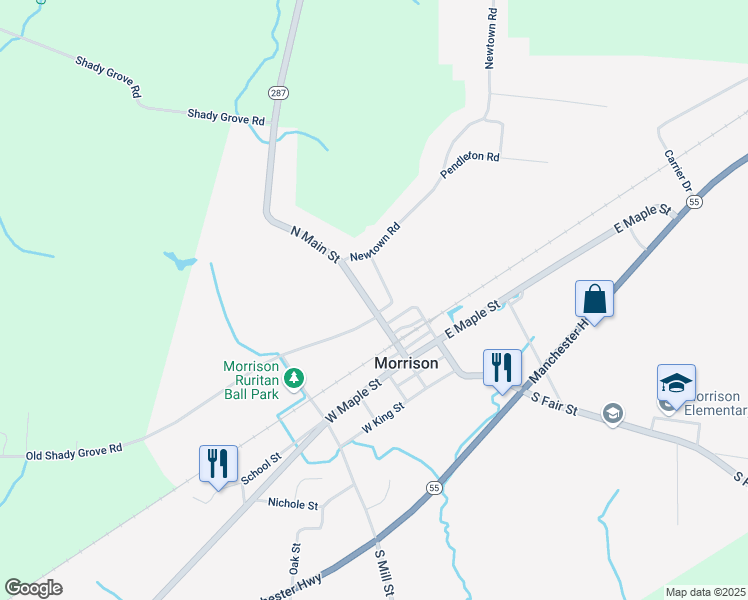 map of restaurants, bars, coffee shops, grocery stores, and more near 530 North Main Street in Morrison