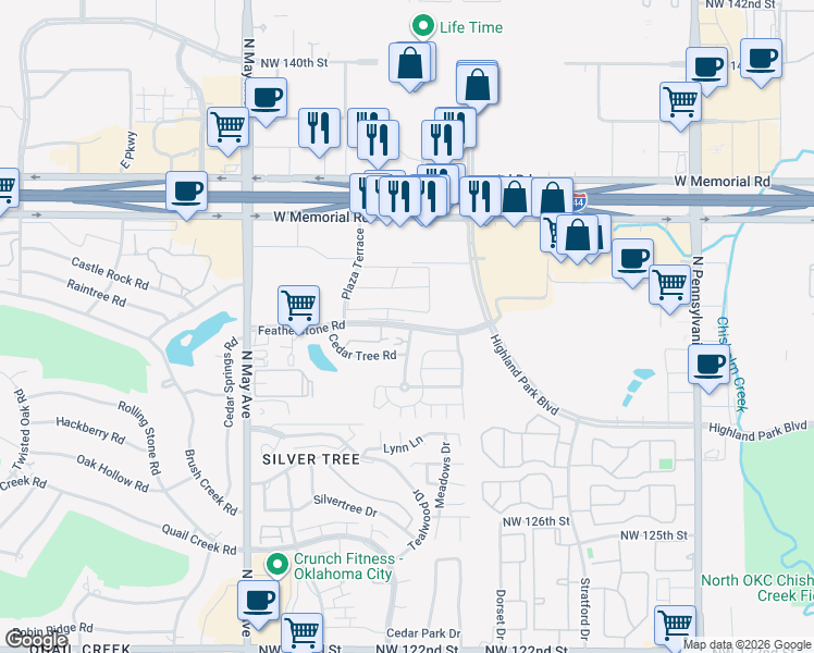 map of restaurants, bars, coffee shops, grocery stores, and more near 2601 Featherstone Road in Oklahoma City