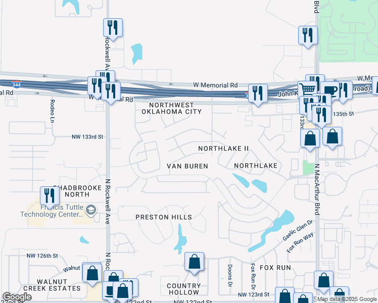 map of restaurants, bars, coffee shops, grocery stores, and more near 6613 Northwest 133rd Street in Oklahoma City