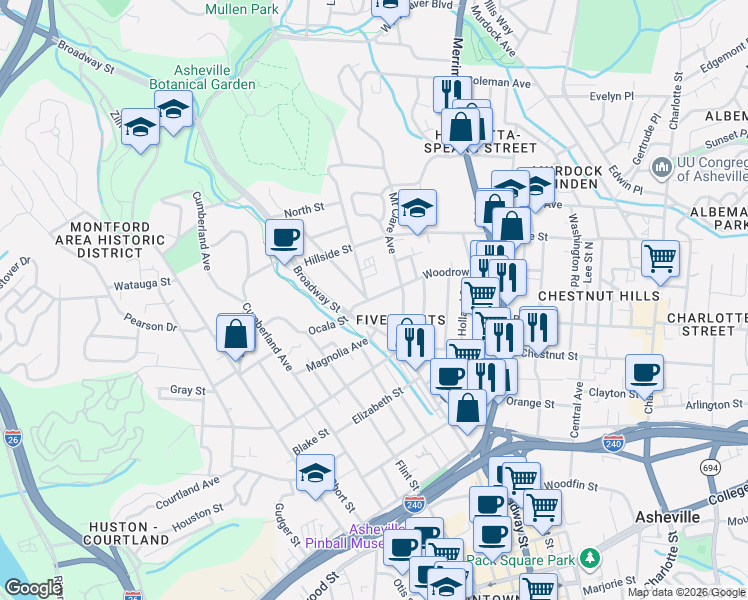 map of restaurants, bars, coffee shops, grocery stores, and more near 32 Woodrow Avenue in Asheville