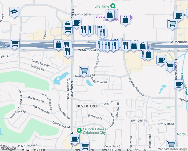 map of restaurants, bars, coffee shops, grocery stores, and more near 2634 Featherstone Road in Oklahoma City