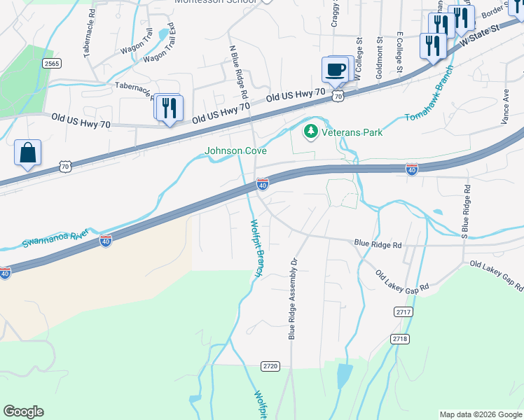 map of restaurants, bars, coffee shops, grocery stores, and more near 104 Runion Ridge Road in Black Mountain