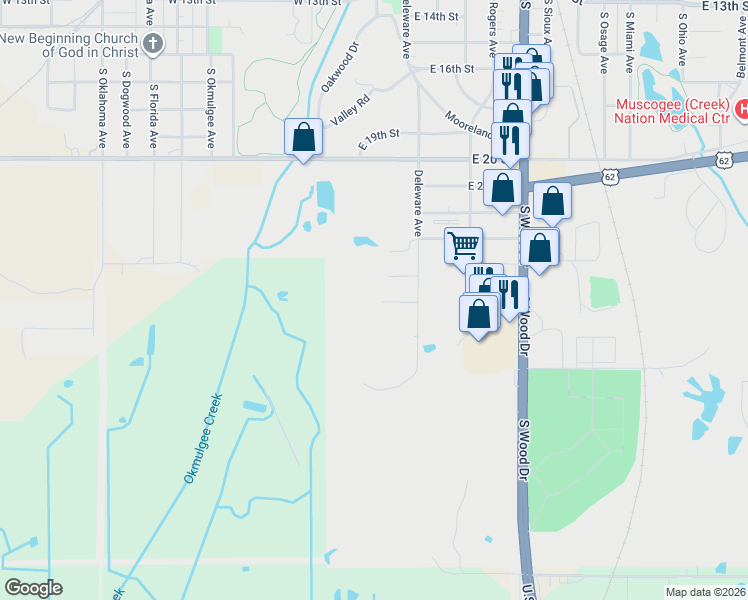 map of restaurants, bars, coffee shops, grocery stores, and more near 401 East 25th Street in Okmulgee