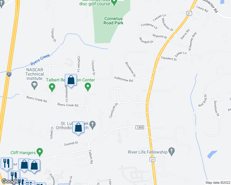 map of restaurants, bars, coffee shops, grocery stores, and more near 106 Daventry Place in Mooresville