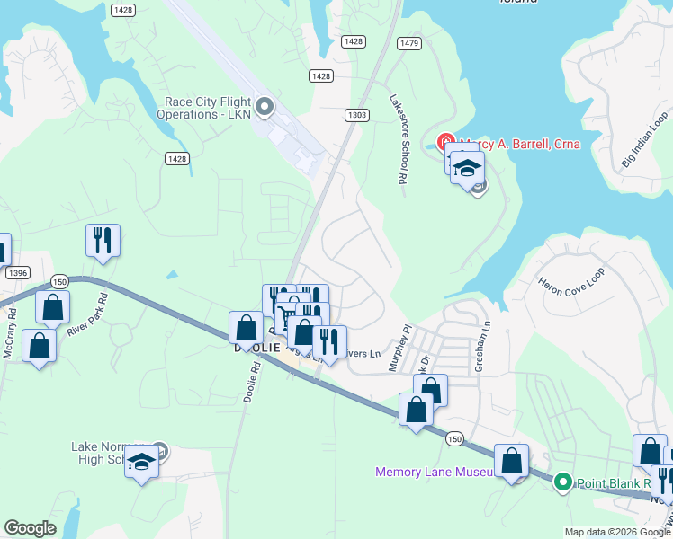 map of restaurants, bars, coffee shops, grocery stores, and more near 190 Blossom Ridge Drive in Mooresville