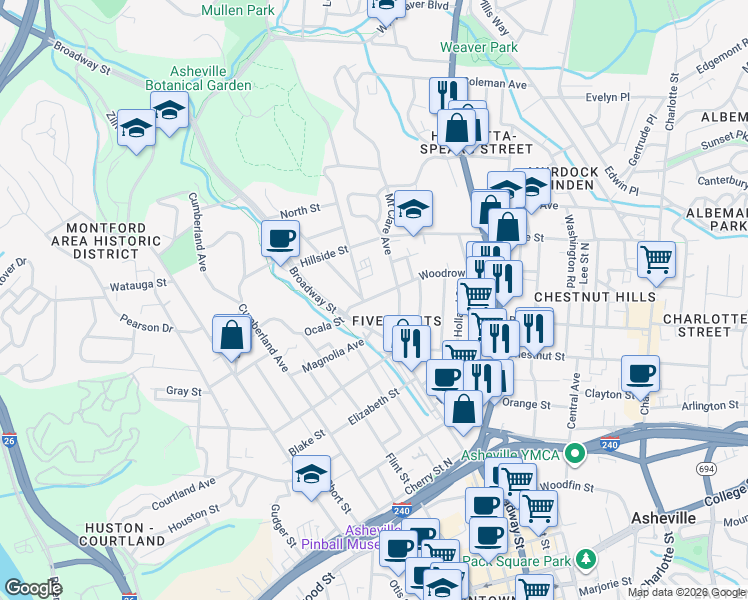 map of restaurants, bars, coffee shops, grocery stores, and more near 32 Woodrow Avenue in Asheville