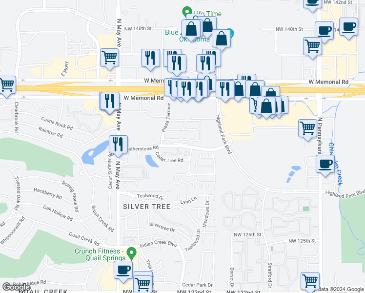 map of restaurants, bars, coffee shops, grocery stores, and more near 2630 Featherstone Road in Oklahoma City