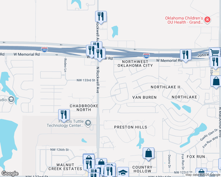 map of restaurants, bars, coffee shops, grocery stores, and more near 6919 Mayberry Lane in Oklahoma City