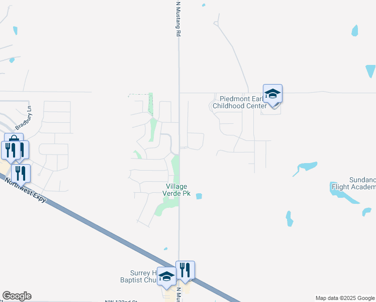 map of restaurants, bars, coffee shops, grocery stores, and more near 11328 Northwest 132nd Street in Piedmont