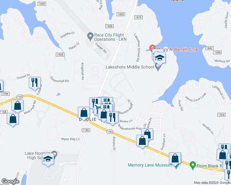 map of restaurants, bars, coffee shops, grocery stores, and more near 187 Blossom Ridge Drive in Mooresville