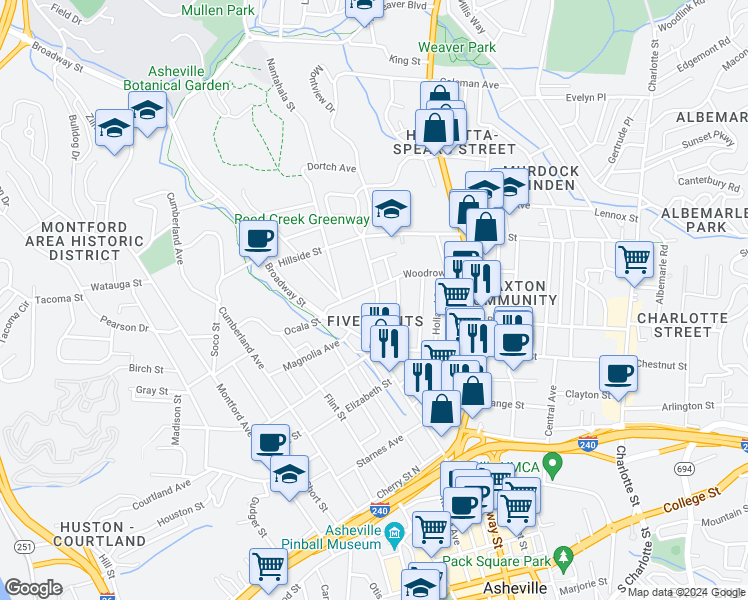map of restaurants, bars, coffee shops, grocery stores, and more near 45 Mount Clare Avenue in Asheville