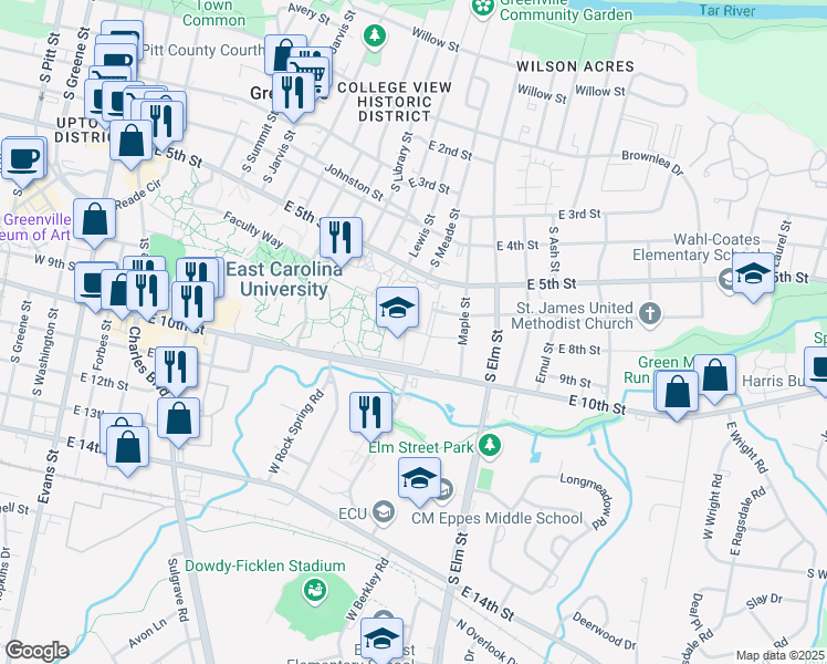 map of restaurants, bars, coffee shops, grocery stores, and more near Dixon Drive in Greenville