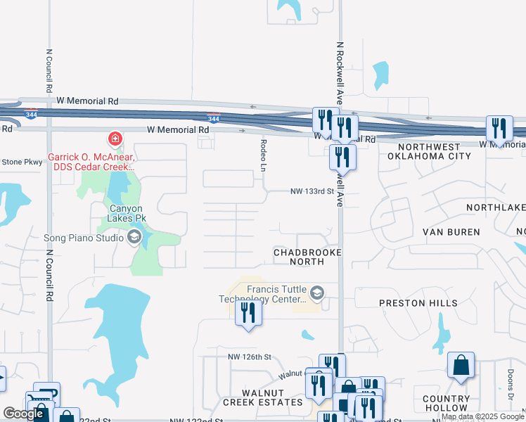 map of restaurants, bars, coffee shops, grocery stores, and more near 7412 Northwest 133rd Street in Oklahoma City