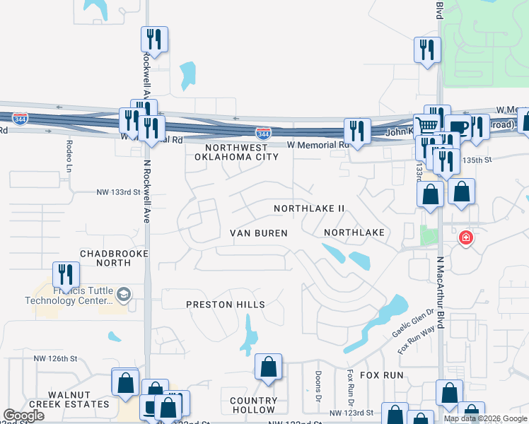 map of restaurants, bars, coffee shops, grocery stores, and more near 6616 Northwest 134th Street in Oklahoma City