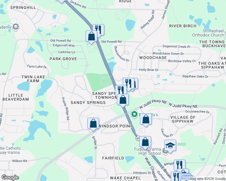 map of restaurants, bars, coffee shops, grocery stores, and more near 1720 Stroll Circle in Fuquay-Varina