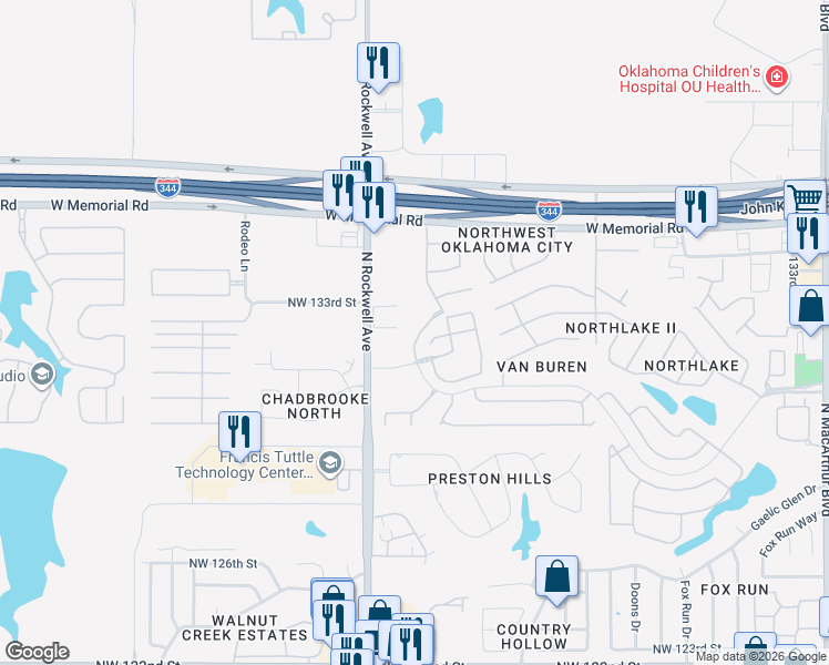 map of restaurants, bars, coffee shops, grocery stores, and more near 6919 Mayberry Lane in Oklahoma City