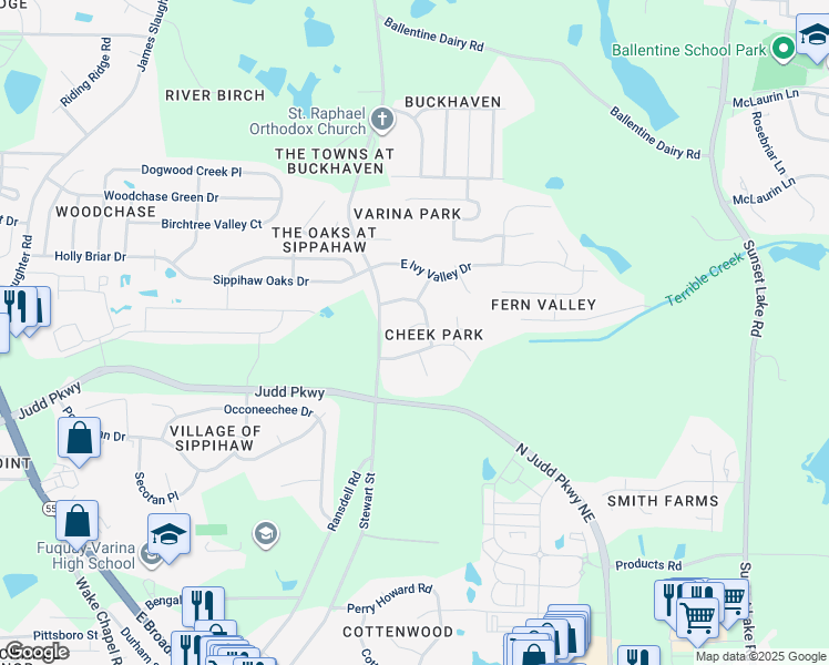 map of restaurants, bars, coffee shops, grocery stores, and more near 734 East Azalea Court in Fuquay-Varina