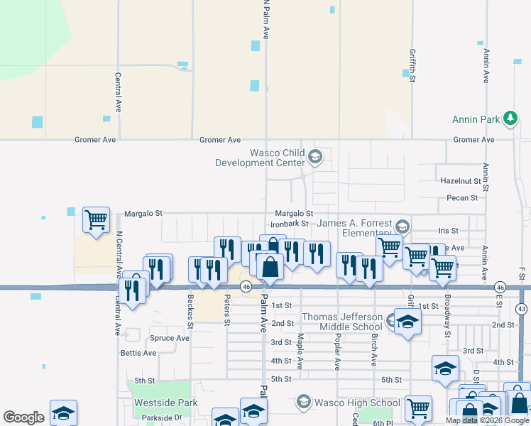 map of restaurants, bars, coffee shops, grocery stores, and more near North Palm Avenue in Wasco