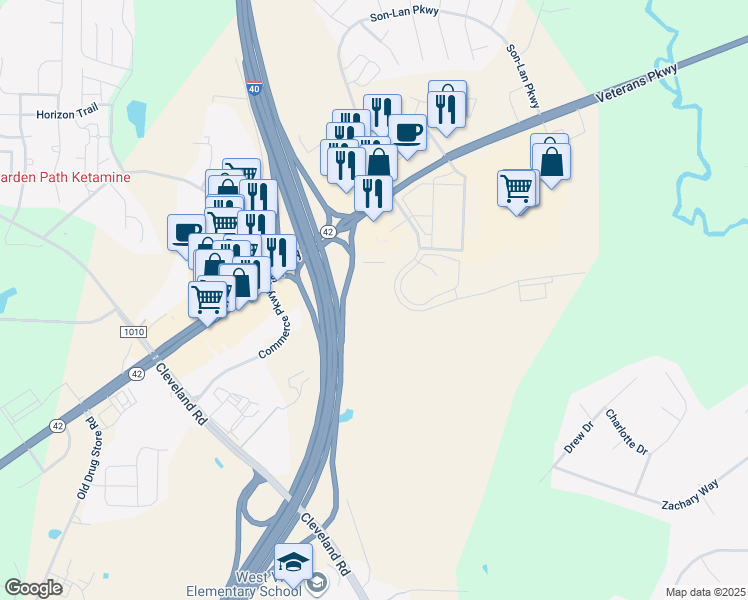 map of restaurants, bars, coffee shops, grocery stores, and more near 154 Cleveland Crossing Drive in Garner