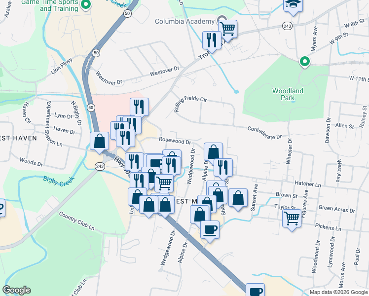 map of restaurants, bars, coffee shops, grocery stores, and more near 1700 Wedgewood Drive in Columbia