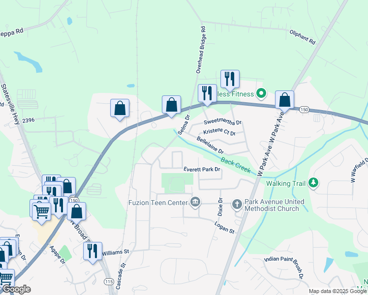 map of restaurants, bars, coffee shops, grocery stores, and more near 125 Sterling Terrace in Mooresville