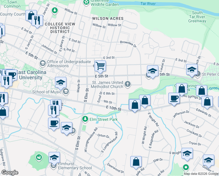 map of restaurants, bars, coffee shops, grocery stores, and more near 1906 East 6th Street in Greenville