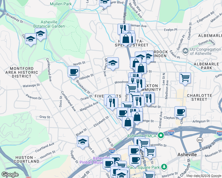map of restaurants, bars, coffee shops, grocery stores, and more near 65 Woodrow Avenue in Asheville