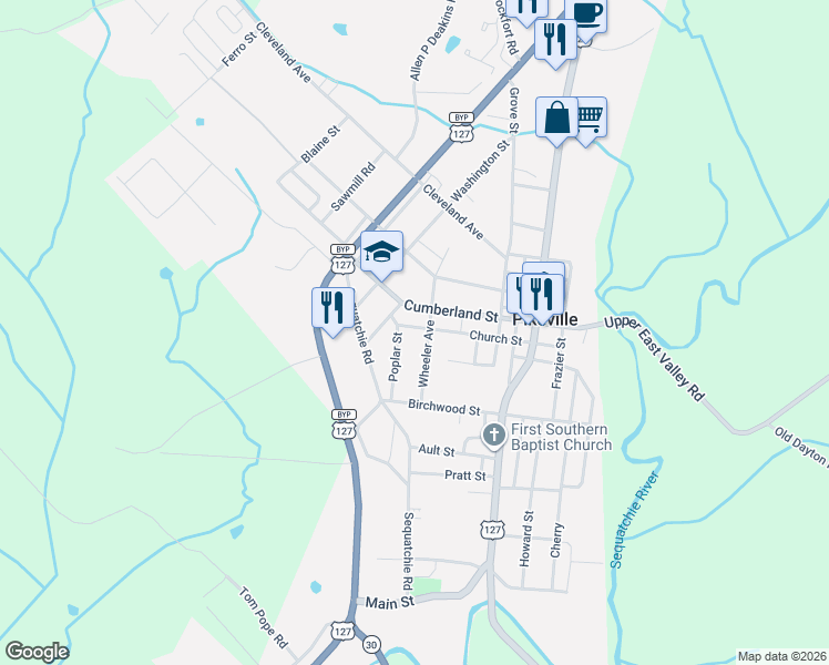 map of restaurants, bars, coffee shops, grocery stores, and more near 34 Church Street in Pikeville