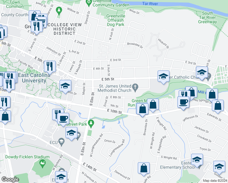 map of restaurants, bars, coffee shops, grocery stores, and more near 1904 East 6th Street in Greenville