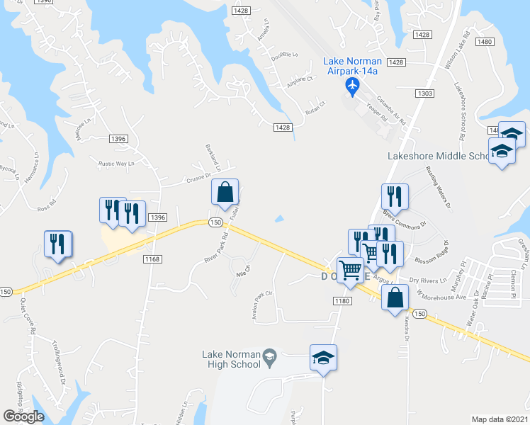 map of restaurants, bars, coffee shops, grocery stores, and more near 1040 River Highway in Mooresville