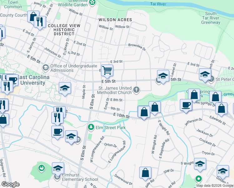 map of restaurants, bars, coffee shops, grocery stores, and more near 1906 East 6th Street in Greenville