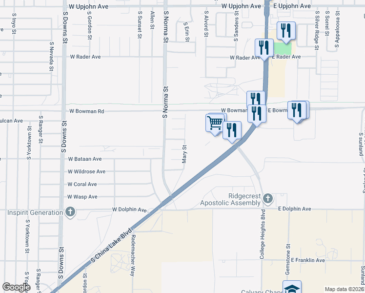 map of restaurants, bars, coffee shops, grocery stores, and more near 409 Veada Avenue in Ridgecrest