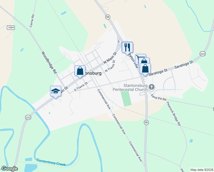 map of restaurants, bars, coffee shops, grocery stores, and more near 112 N Saratoga St in Stantonsburg