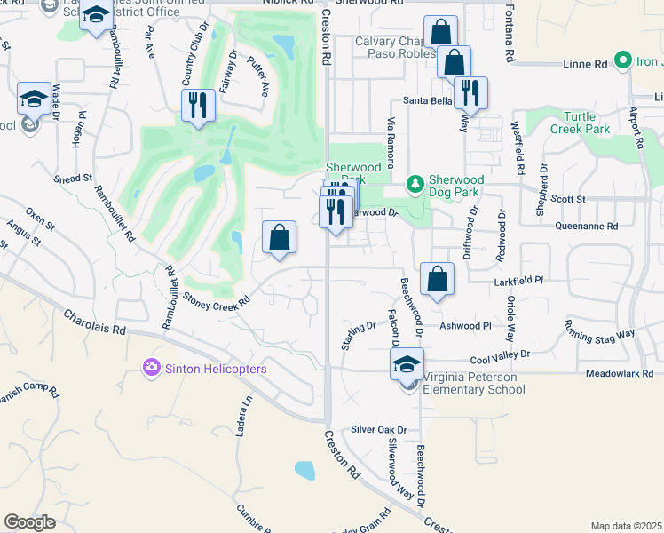 map of restaurants, bars, coffee shops, grocery stores, and more near 1307 Stoney Creek Road in Paso Robles