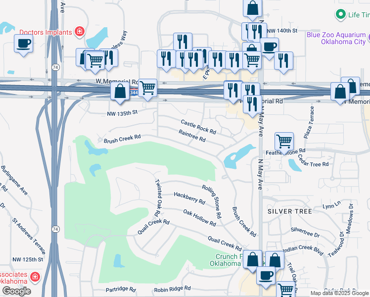map of restaurants, bars, coffee shops, grocery stores, and more near 3200 Brush Creek Road in Oklahoma City